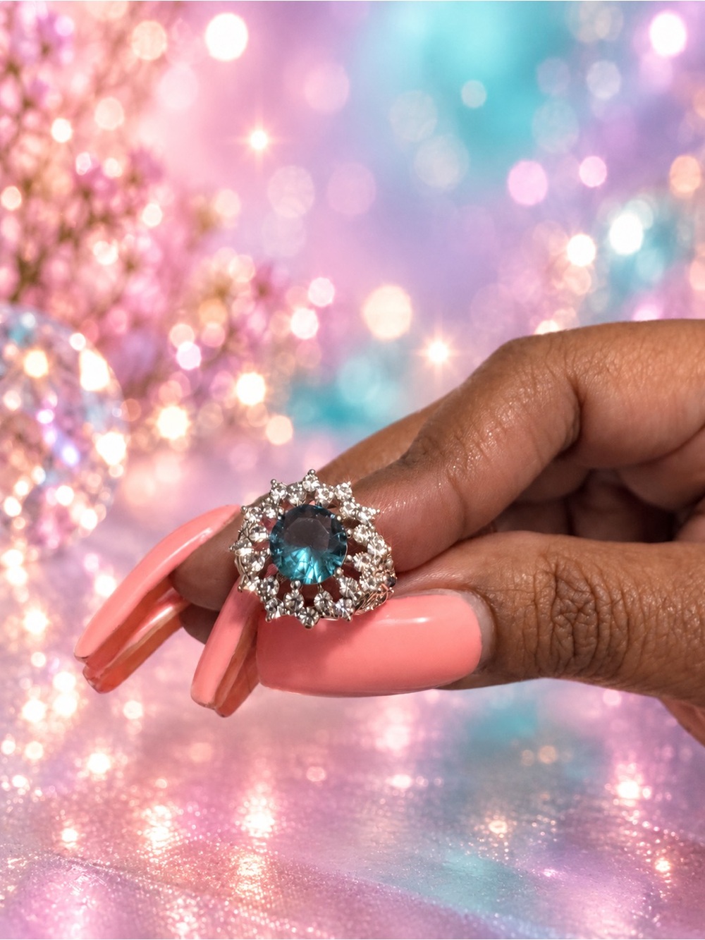 Blue Halo Crystal Cluster Ring - Women Jewelry